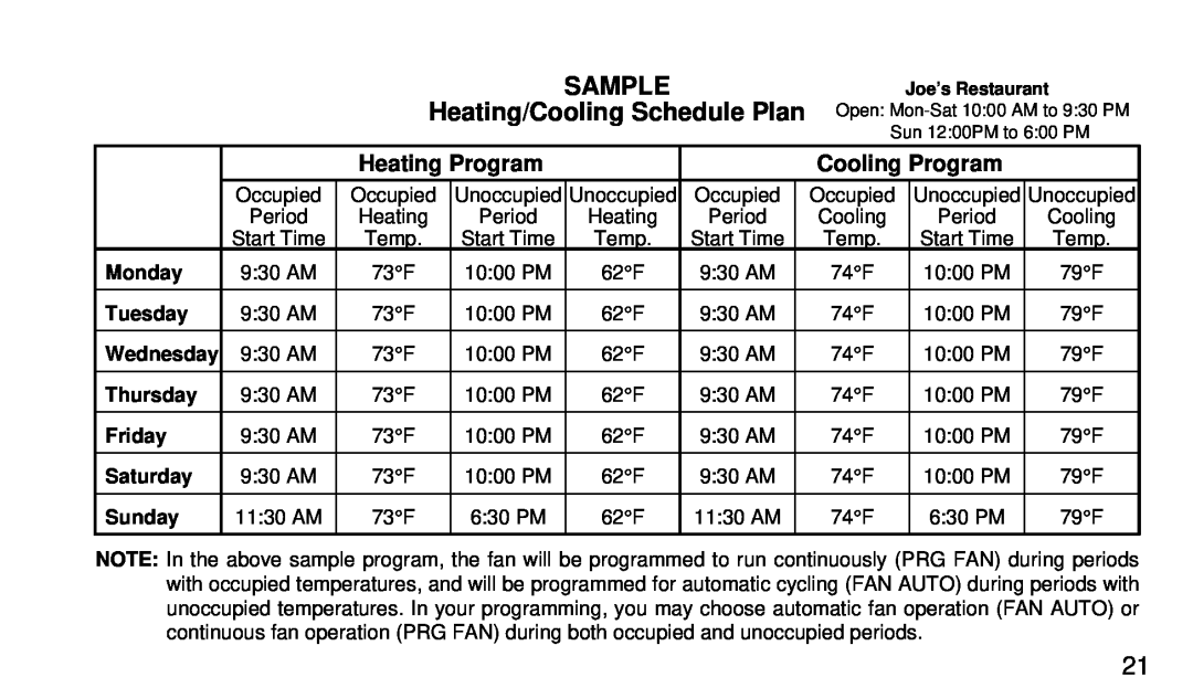 White Rodgers 1F95-80 SAMPLE Heating/Cooling Schedule Plan, Heating Program, Cooling Program, Monday, Tuesday, Thursday 