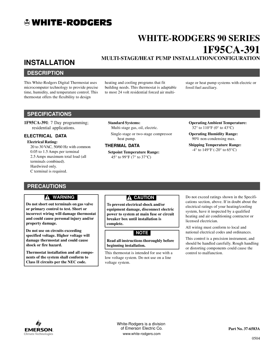 White Rodgers 1F95CA-391 specifications Description, Specifications, Precautions, Electrical Data, Thermal Data 