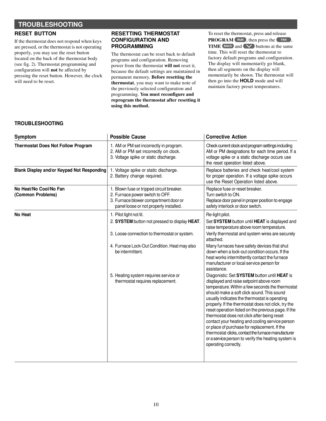 White Rodgers 1F95CA-391 specifications Troubleshooting, Reset Button, Resetting Thermostat Configuration and Programming 