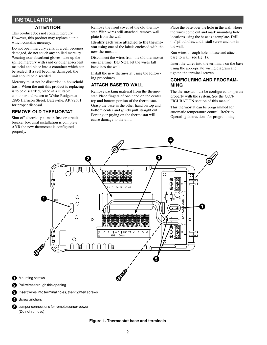 White Rodgers 1F95CA-391 Installation, Remove OLD Thermostat, Attach Base to Wall, Configuring and PROGRAM- Ming 