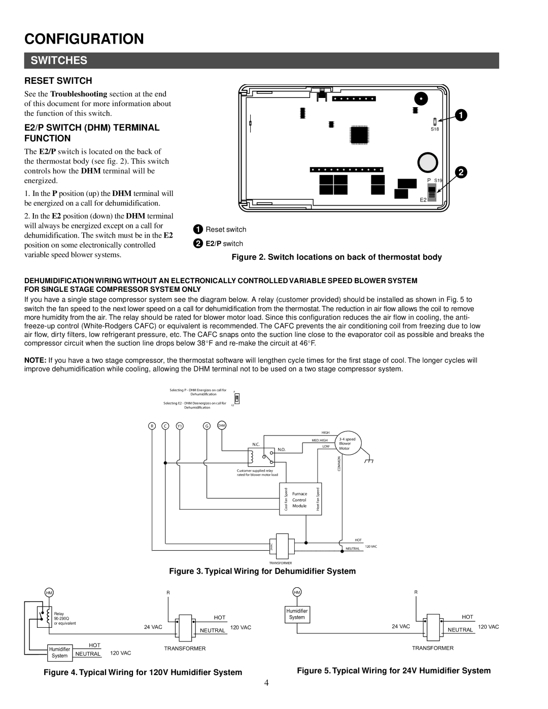 White Rodgers 1F95CA-391 specifications Switches, Reset Switch, E2/P Switch DHM Terminal Function, Reset switch E2/P switch 