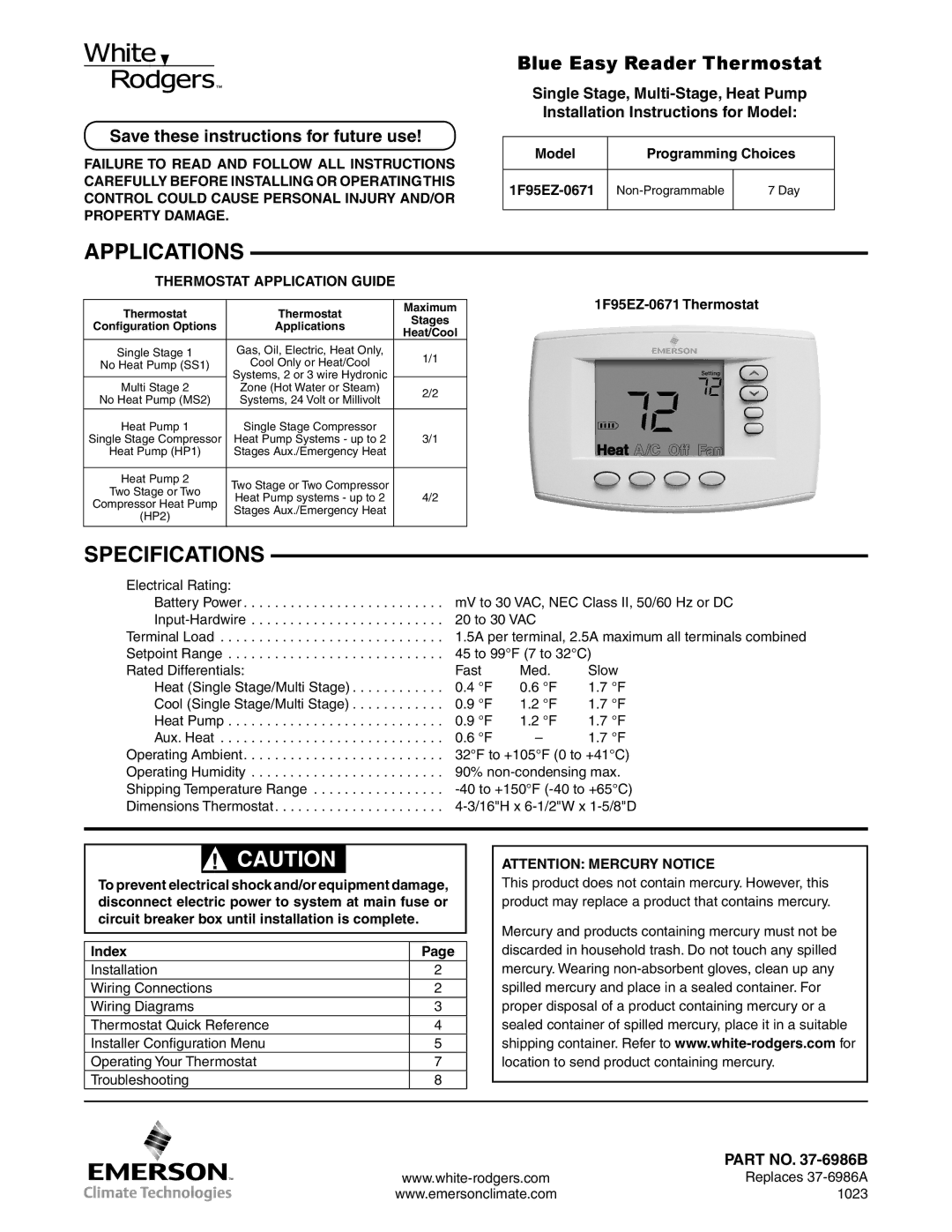 White Rodgers 1F95EZ-0671 specifications Applications, Specifications, Save these instructions for future use, Index 