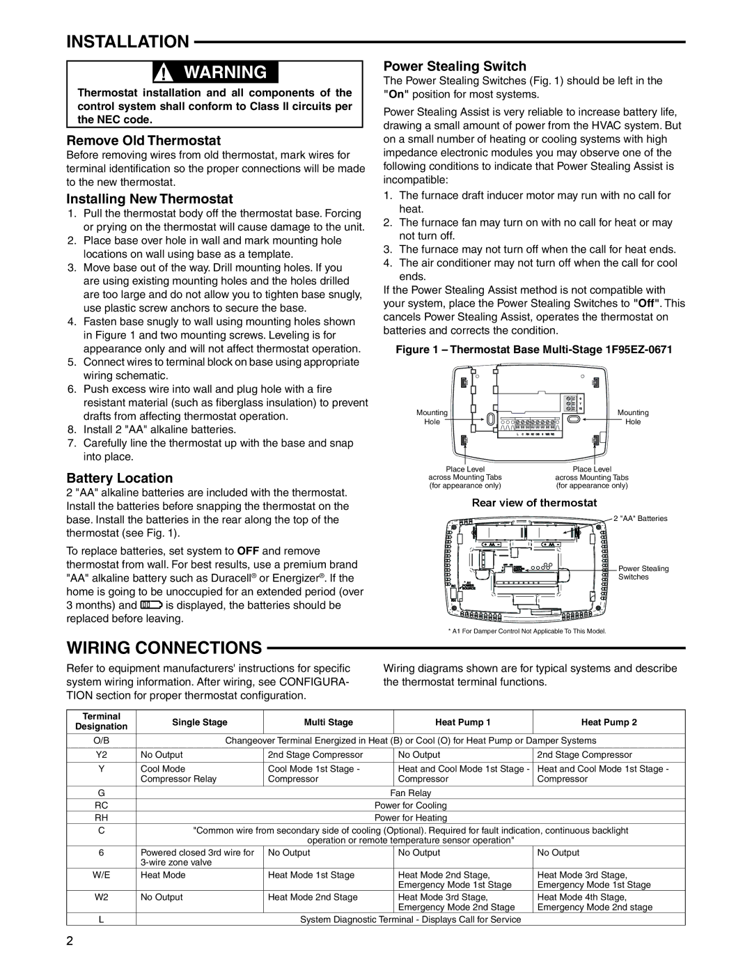 White Rodgers 1F95EZ-0671 specifications Installation, Wiring Connections 