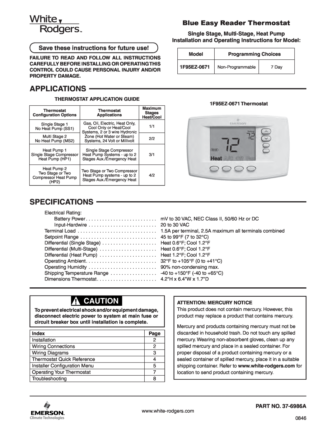 White Rodgers 1F95EZ-0671 specifications Applications, Specifications, Save these instructions for future use, Model, Page 