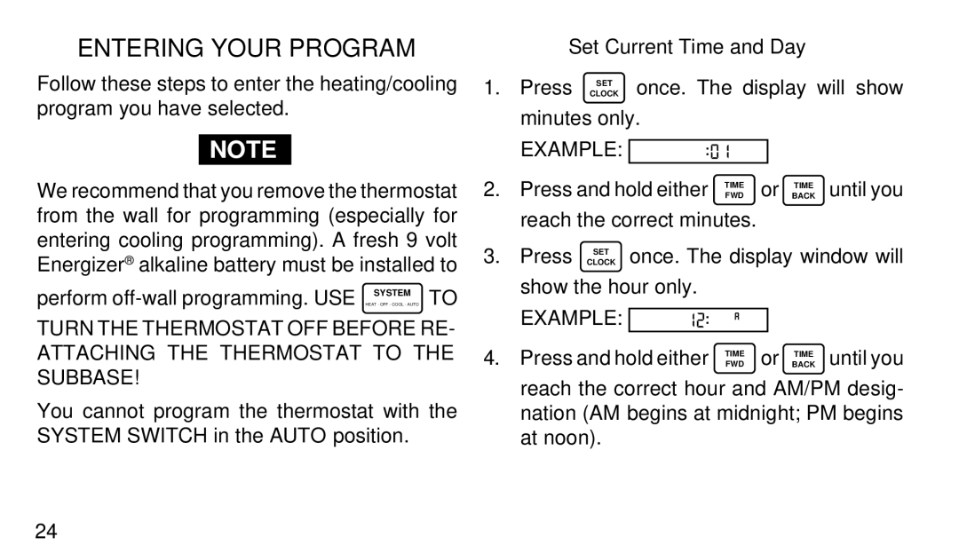 White Rodgers 1F95W-71 manual Entering Your Program, Set Current Time and Day 