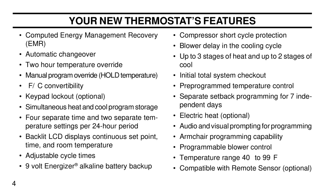 White Rodgers 1F95W-71 manual Your NEW THERMOSTAT’S Features 