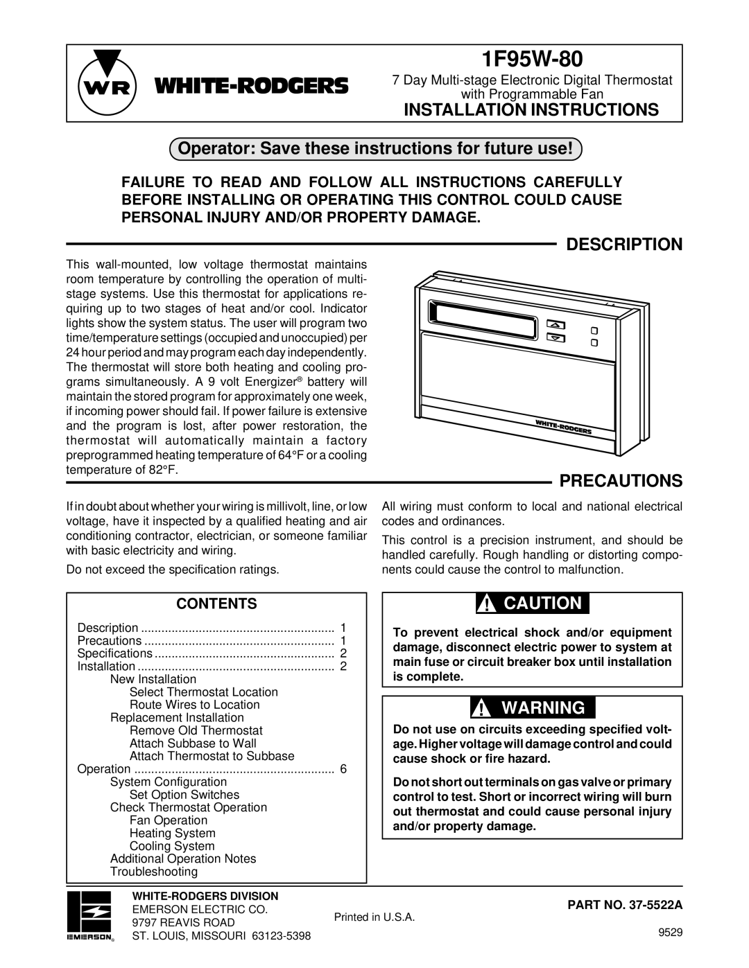 White Rodgers 1F95W-80 installation instructions Description, Installation Instructions, Precautions, Contents 