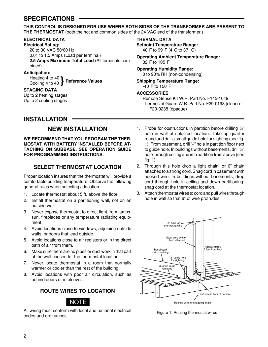 White Rodgers 1F95W-80 Specifications, Installation NEW Installation, Select Thermostat Location, Route Wires to Location 