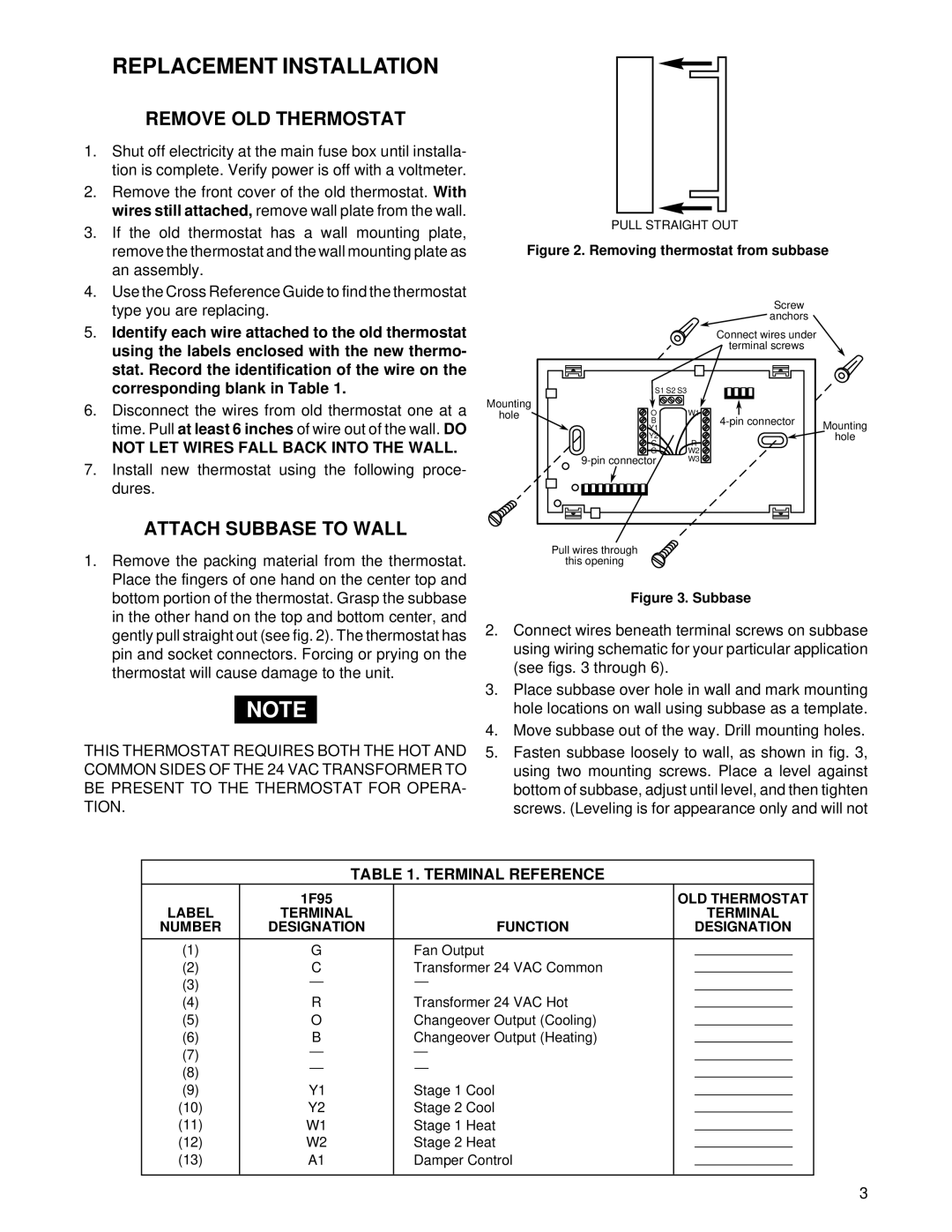 White Rodgers 1F95W-80 Replacement Installation, Remove OLD Thermostat, Attach Subbase to Wall, Terminal Reference 