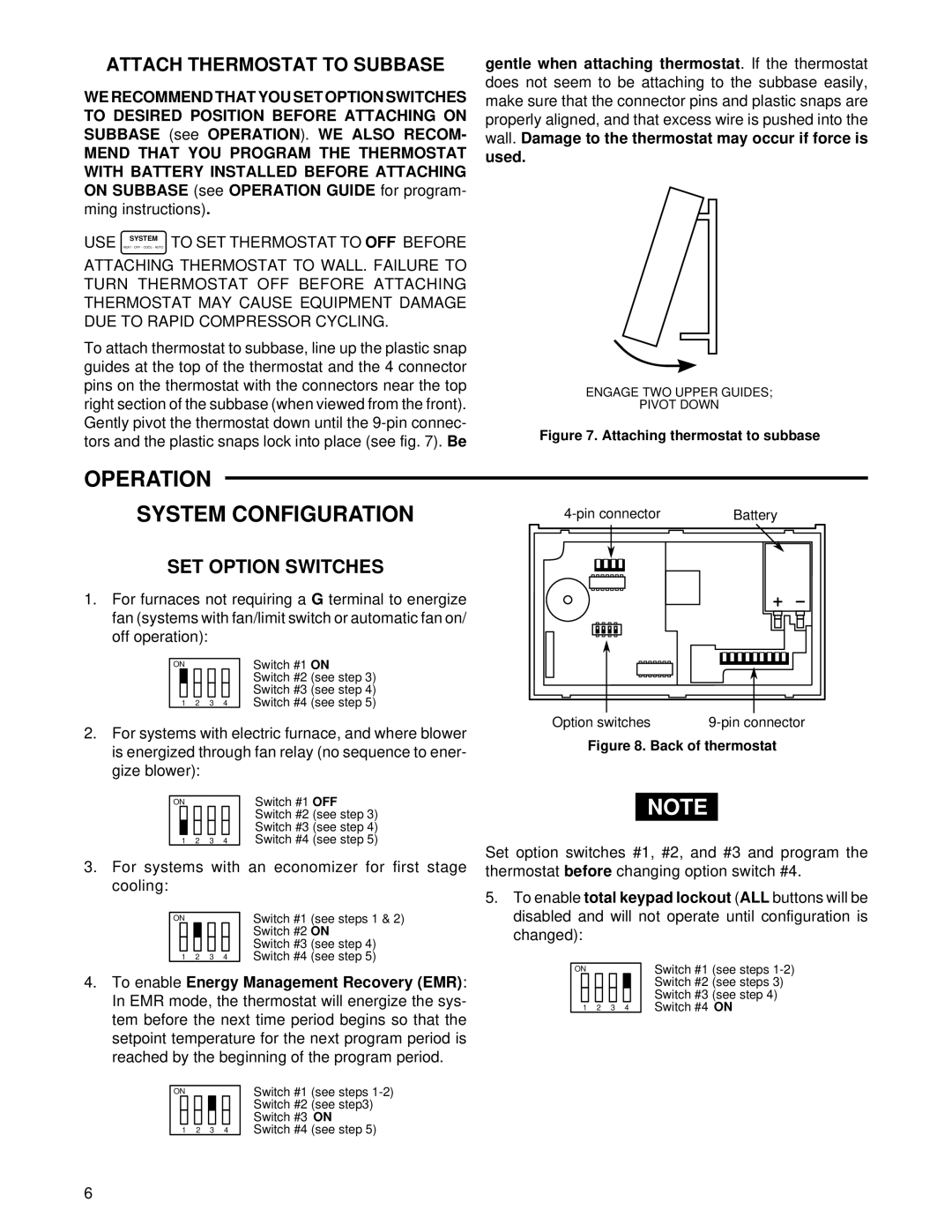 White Rodgers 1F95W-80 Operation System Configuration, Attach Thermostat to Subbase, SET Option Switches 