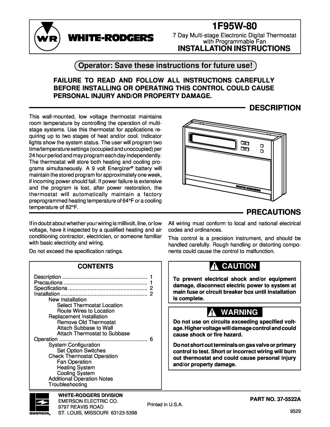 White Rodgers 1F95W-80 installation instructions Operator Save these instructions for future use, Description, Precautions 