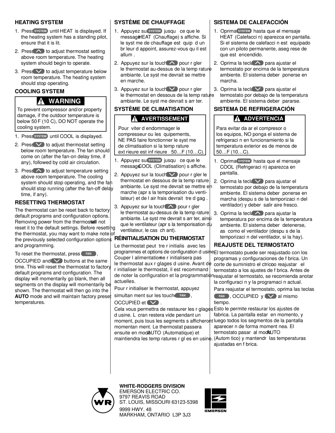 White Rodgers 1F96 Heating System, Cooling System, Resetting Thermostat, Système DE Chauffage, Système DE Climatisation 