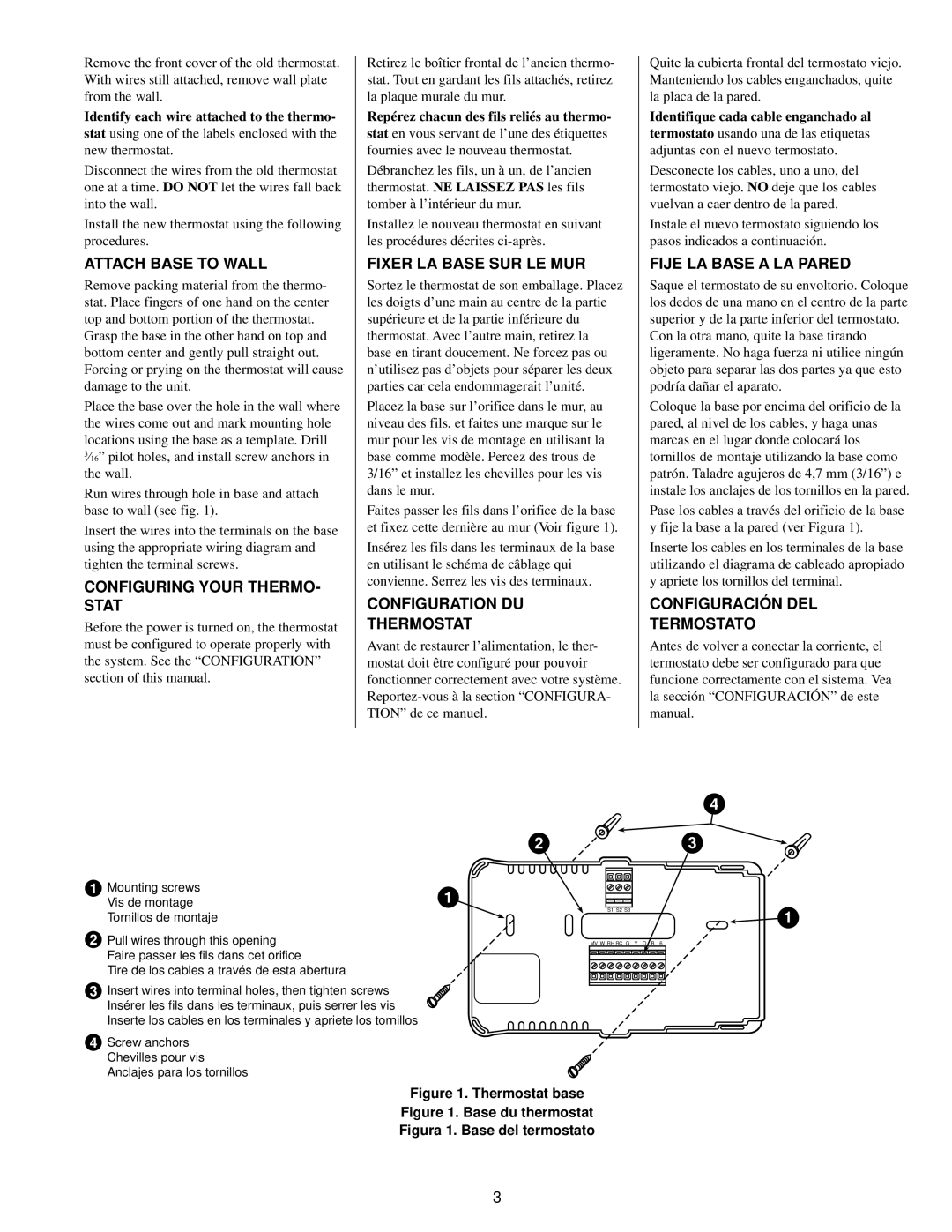 White Rodgers 1F96 Attach Base to Wall, Configuring Your THERMO- Stat, Fixer LA Base SUR LE MUR, Fije LA Base a LA Pared 