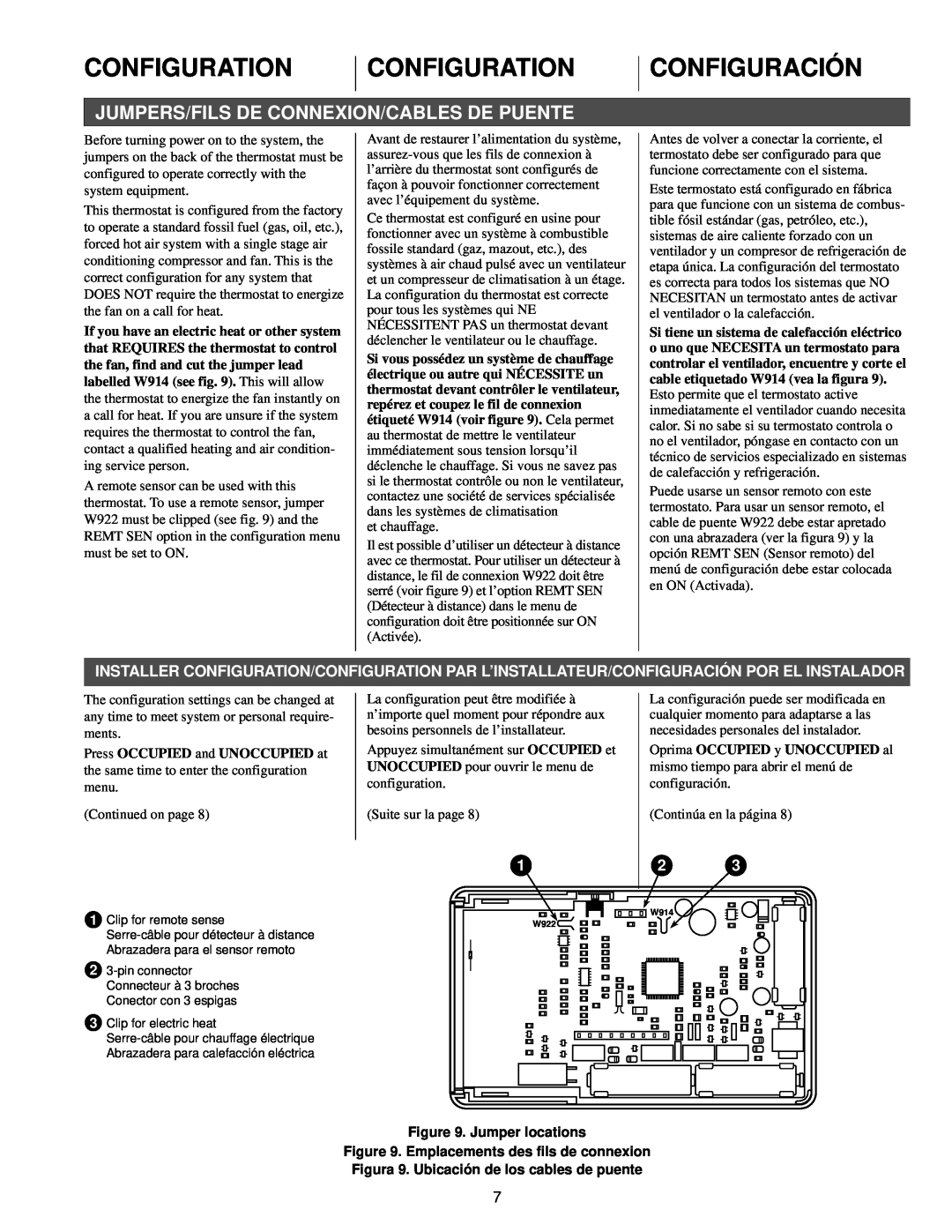 White Rodgers 1F96 specifications Configuration, Configuración, Jumpers/Fils De Connexion/Cables De Puente 