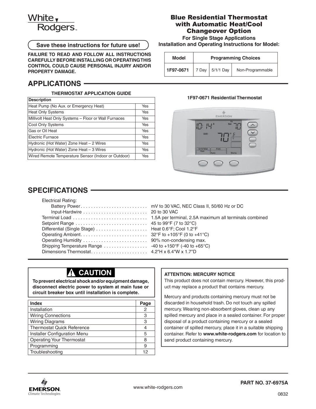 White Rodgers 1F97-0671 specifications Applications, Specifications, Save these instructions for future use 