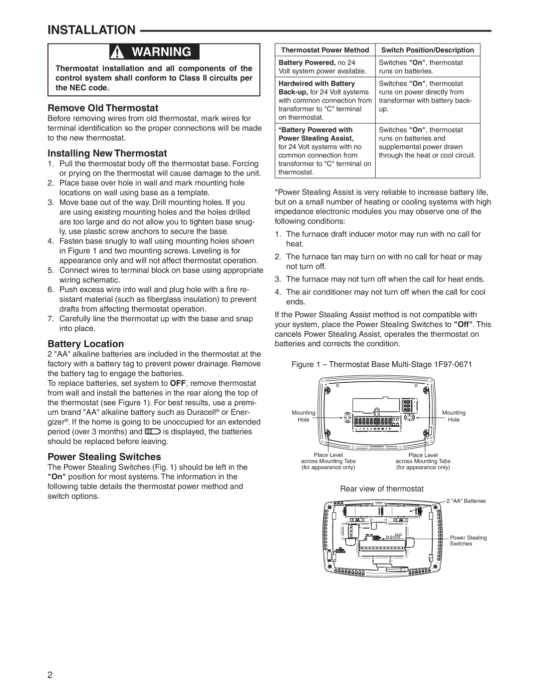 White Rodgers 1F97-0671 specifications Installation, Remove Old Thermostat, Installing New Thermostat, Battery Location 