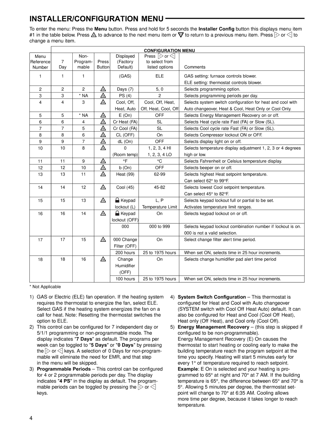 White Rodgers 1F97-1271 specifications INSTALLER/CONFIGURATION Menu, Configuration Menu 