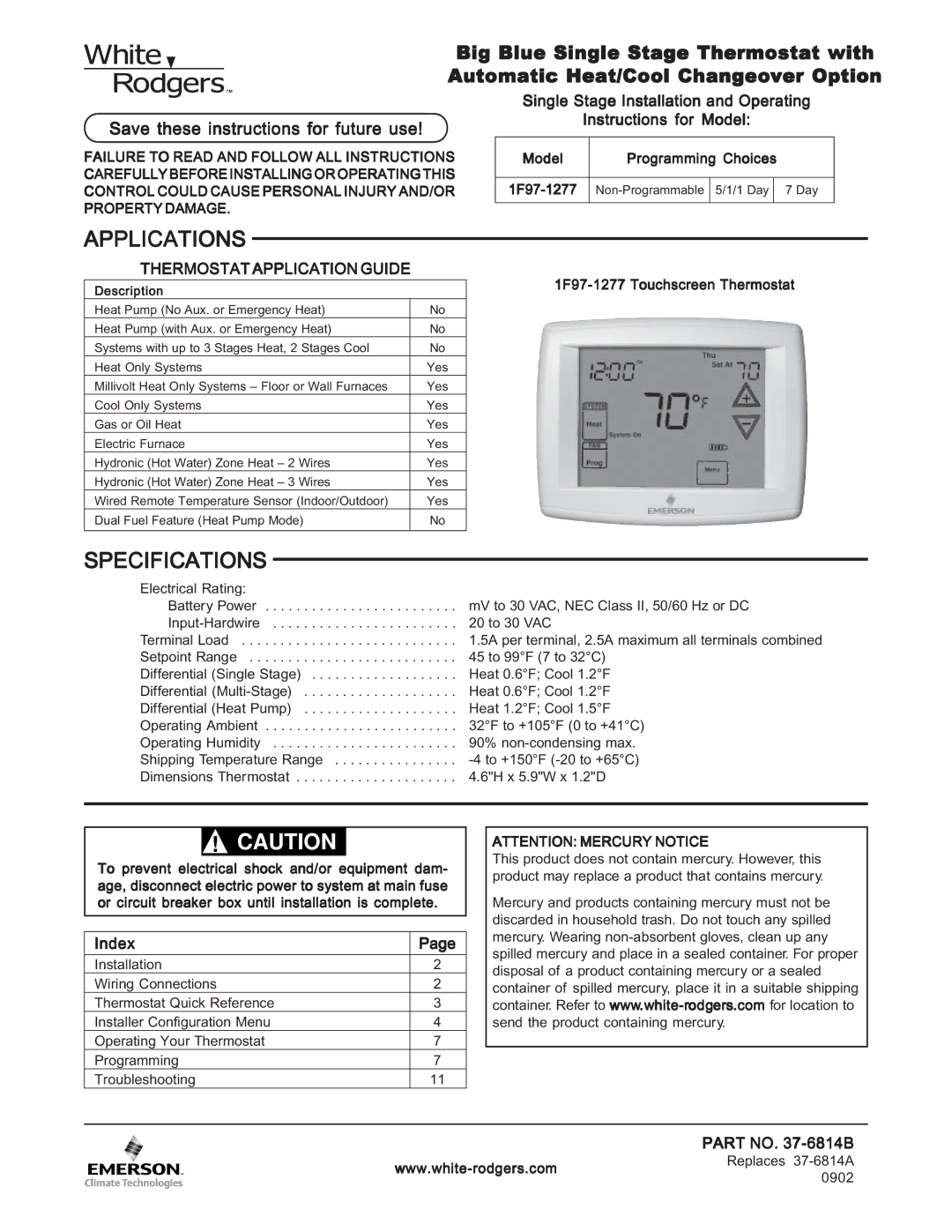 White Rodgers 1F97-1277 specifications Applications, Specifications, Save these instructions for future use 