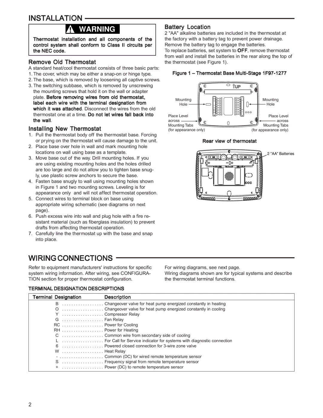 White Rodgers 1F97-1277 specifications Installation, Wiring Connections, Remove Old Thermostat, Installing New Thermostat 