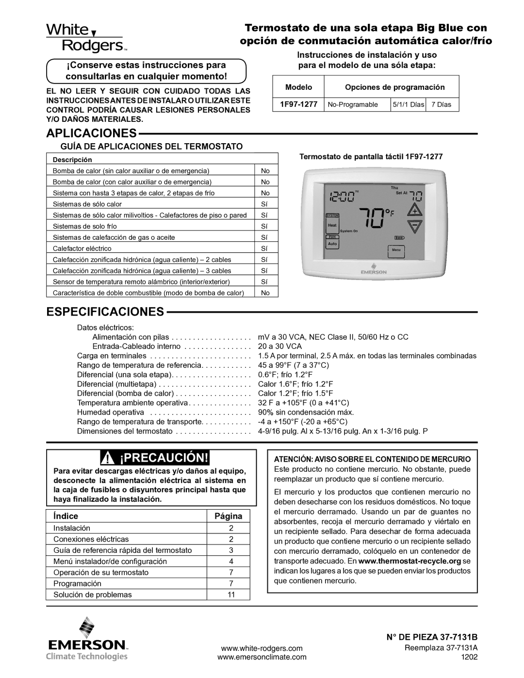 White Rodgers 1F97-1277 manual Aplicaciones, Especificaciones, Índice Página, DE Pieza 37-7131B 