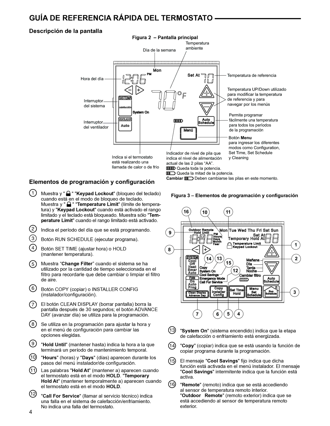 White Rodgers 1F97-1277 manual Guía DE Referencia Rápida DEL Termostato, Descripción de la pantalla 