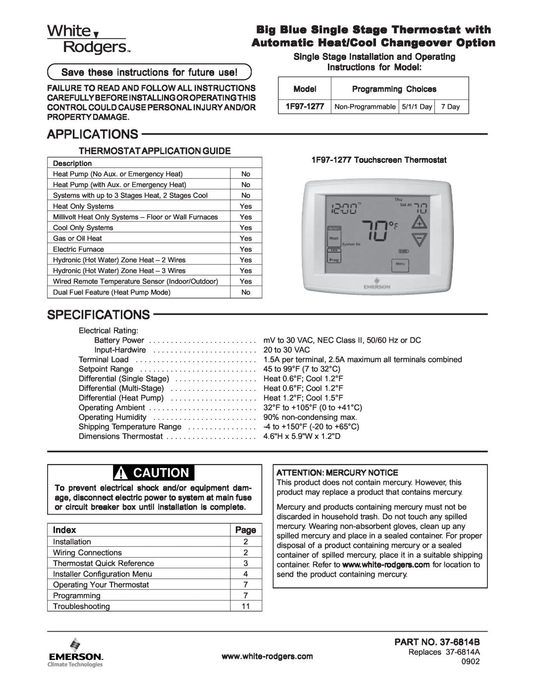 White Rodgers 1F97-1277 manual Especificaciones, ¡Precaución, Guía De Aplicaciones Del Termostato, Índice, Página 