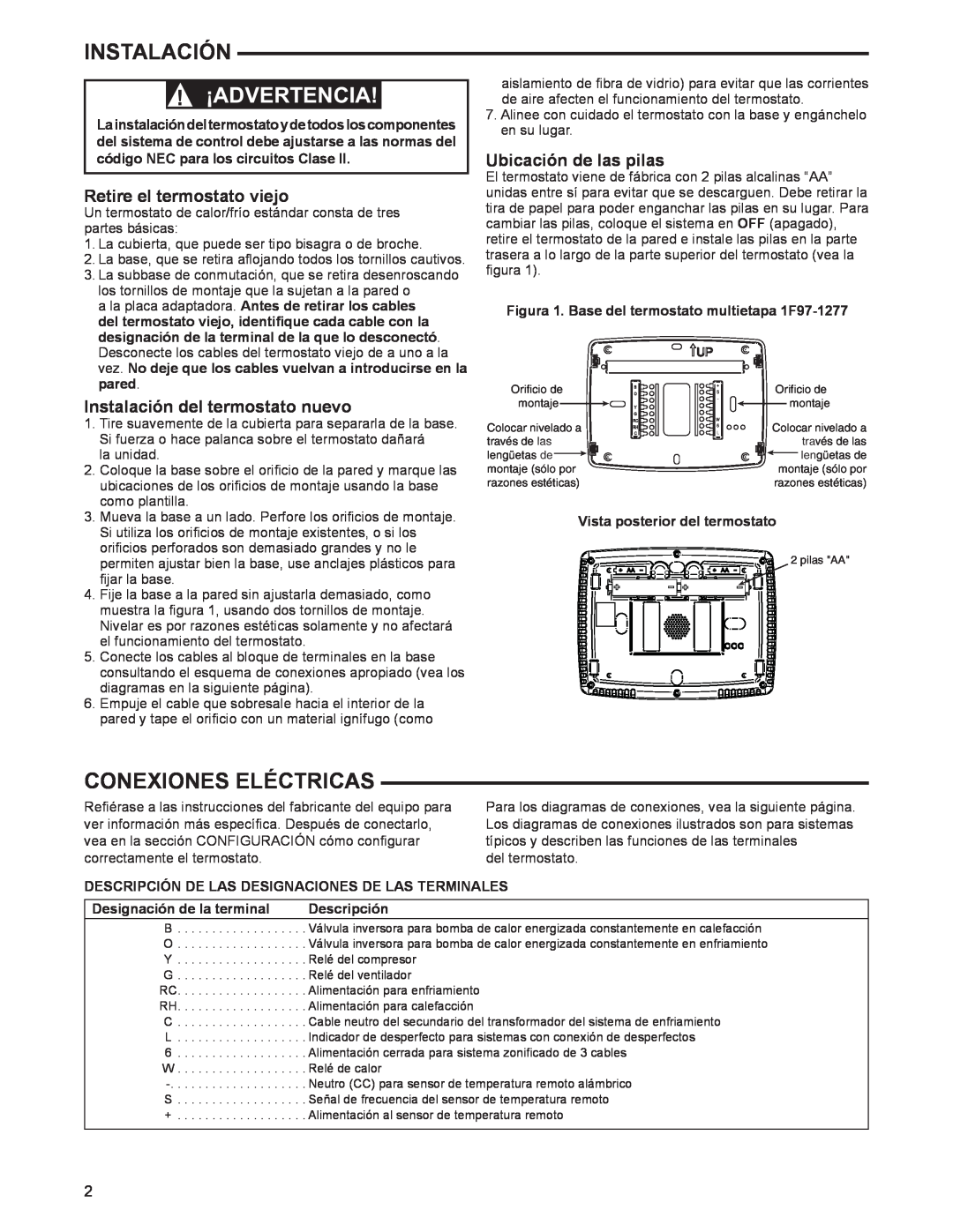 White Rodgers 1F97-1277 manual Instalación, ¡Advertencia, Conexiones Eléctricas, Retire el termostato viejo, Descripción 