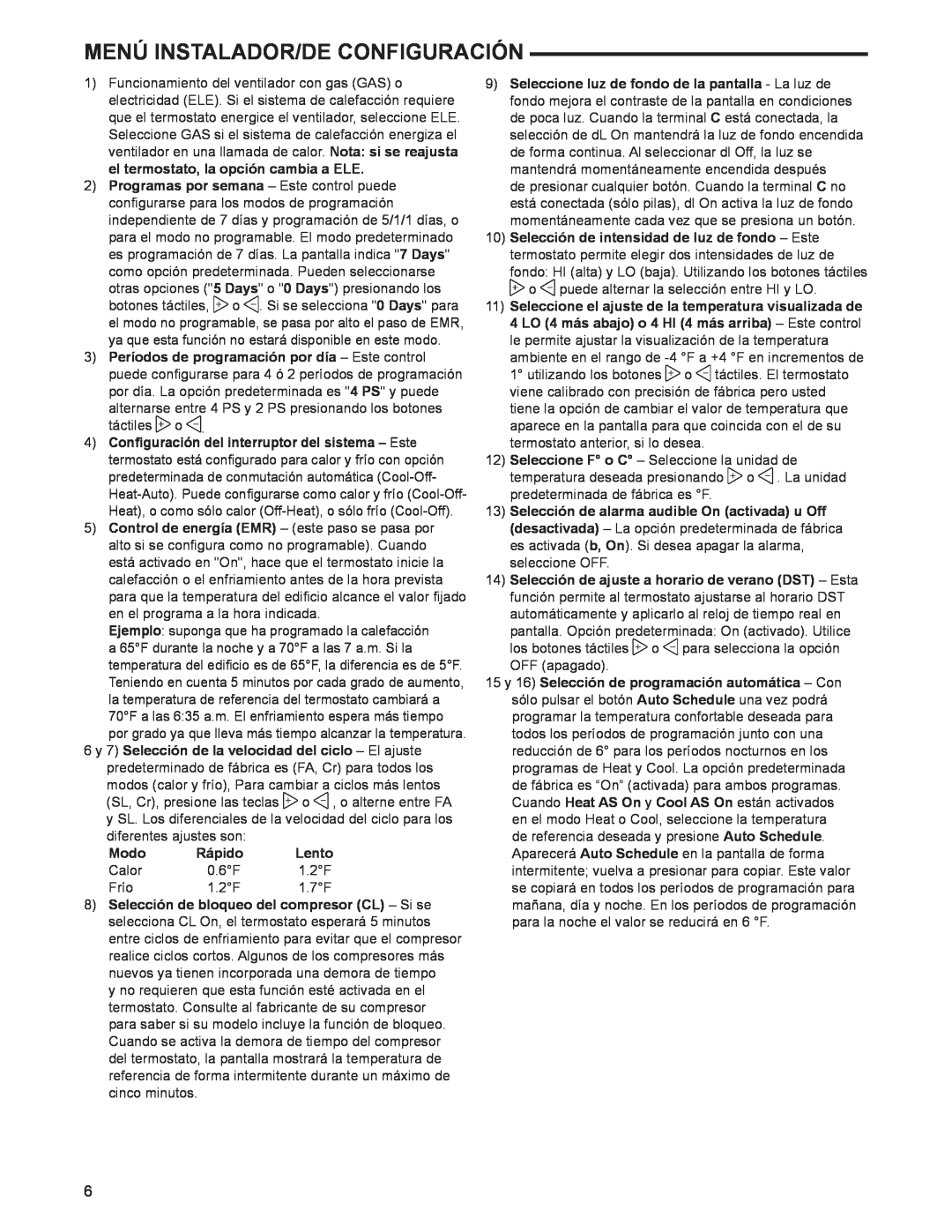 White Rodgers 1F97-1277 manual Modo, Rápido, Lento, Menú Instalador/De Configuración 