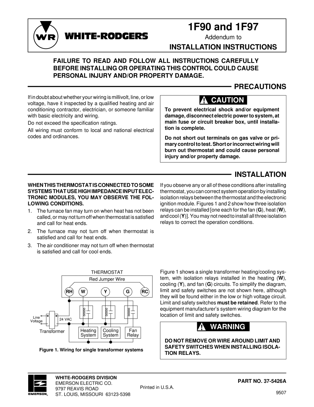 White Rodgers installation instructions 1F90 and 1F97, Precautions, Installation Instructions 