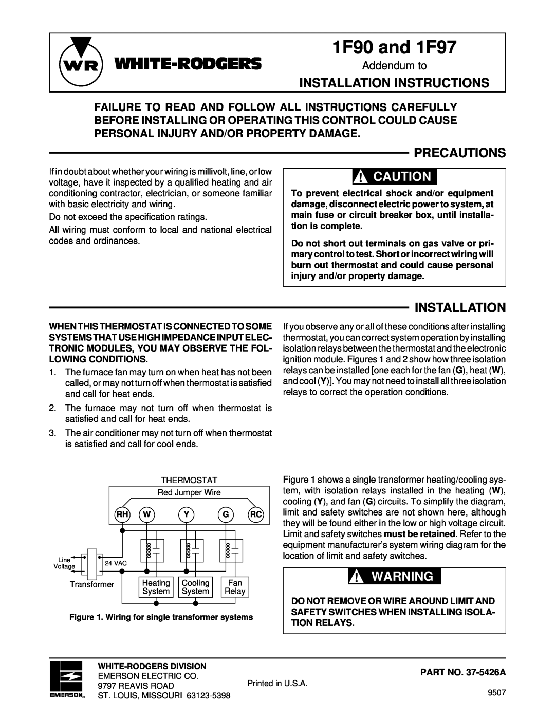 White Rodgers installation instructions Precautions, Installation, 1F90 and 1F97, White-Rodgers, Addendum to 