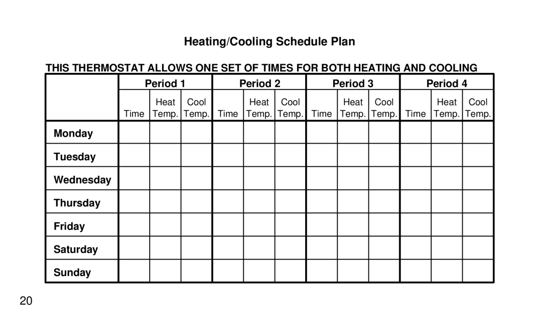 White Rodgers 1F97-51 manual Heating/Cooling Schedule Plan 