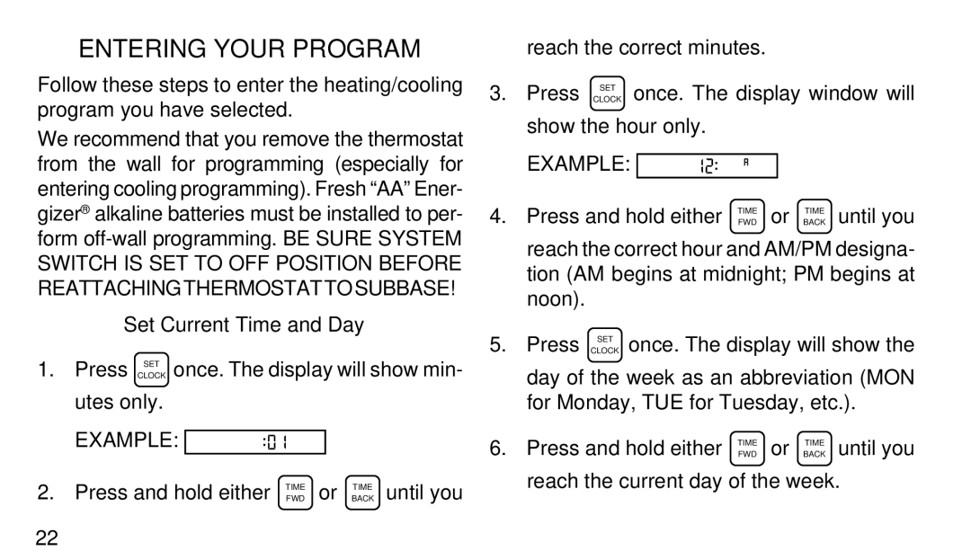 White Rodgers 1F97-51 manual Entering Your Program, Set Current Time and Day 