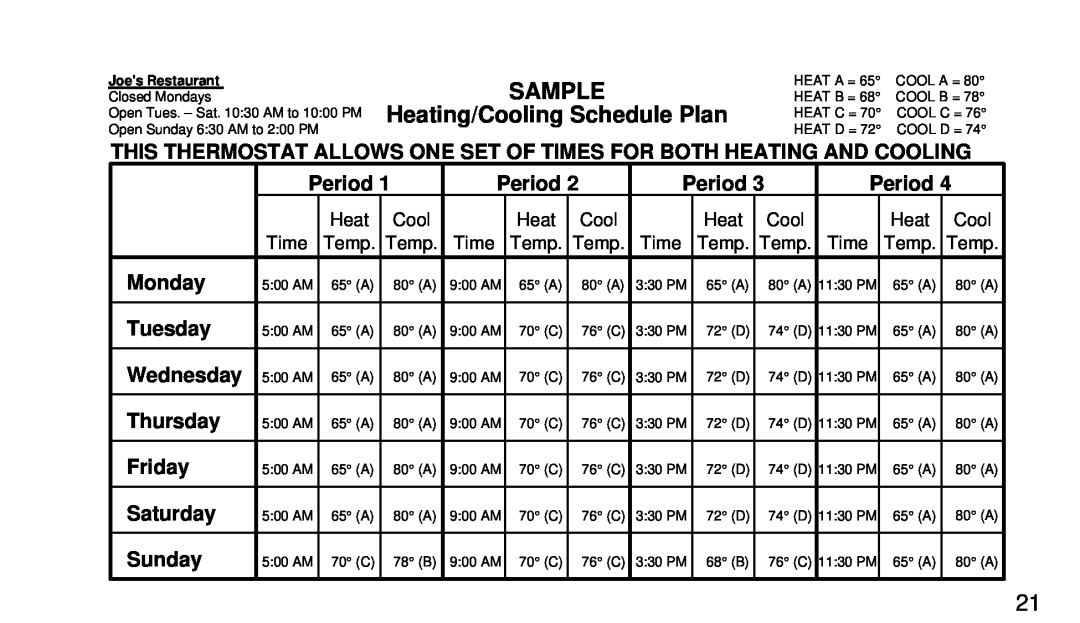 White Rodgers 1F97-51 manual SAMPLE Heating/Cooling Schedule Plan, Joes Restaurant 
