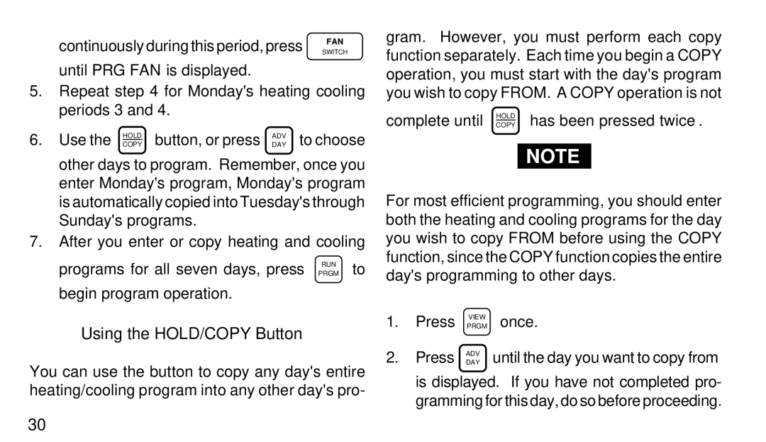 White Rodgers 1F97-71 Begin program operation, Using the HOLD/COPY Button, Complete until Copyhold has been pressed twice 