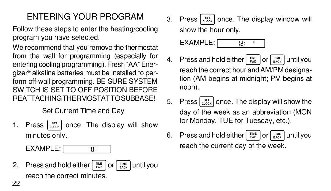 White Rodgers 1F97W-51 manual Entering Your Program, Set Current Time and Day 