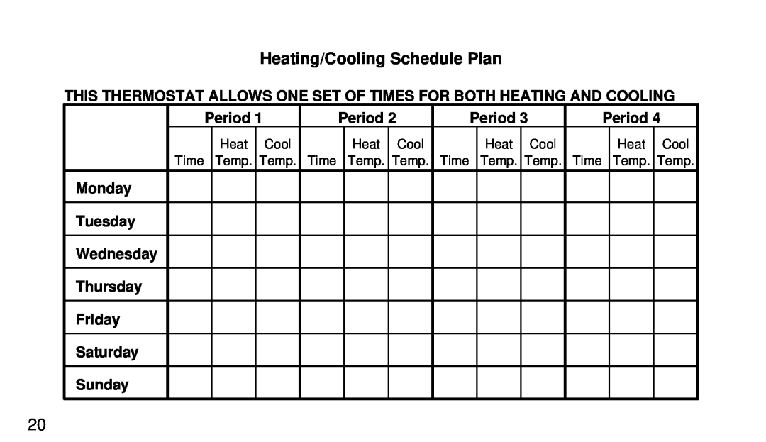 White Rodgers 1F97W-51 manual Heating/Cooling Schedule Plan 