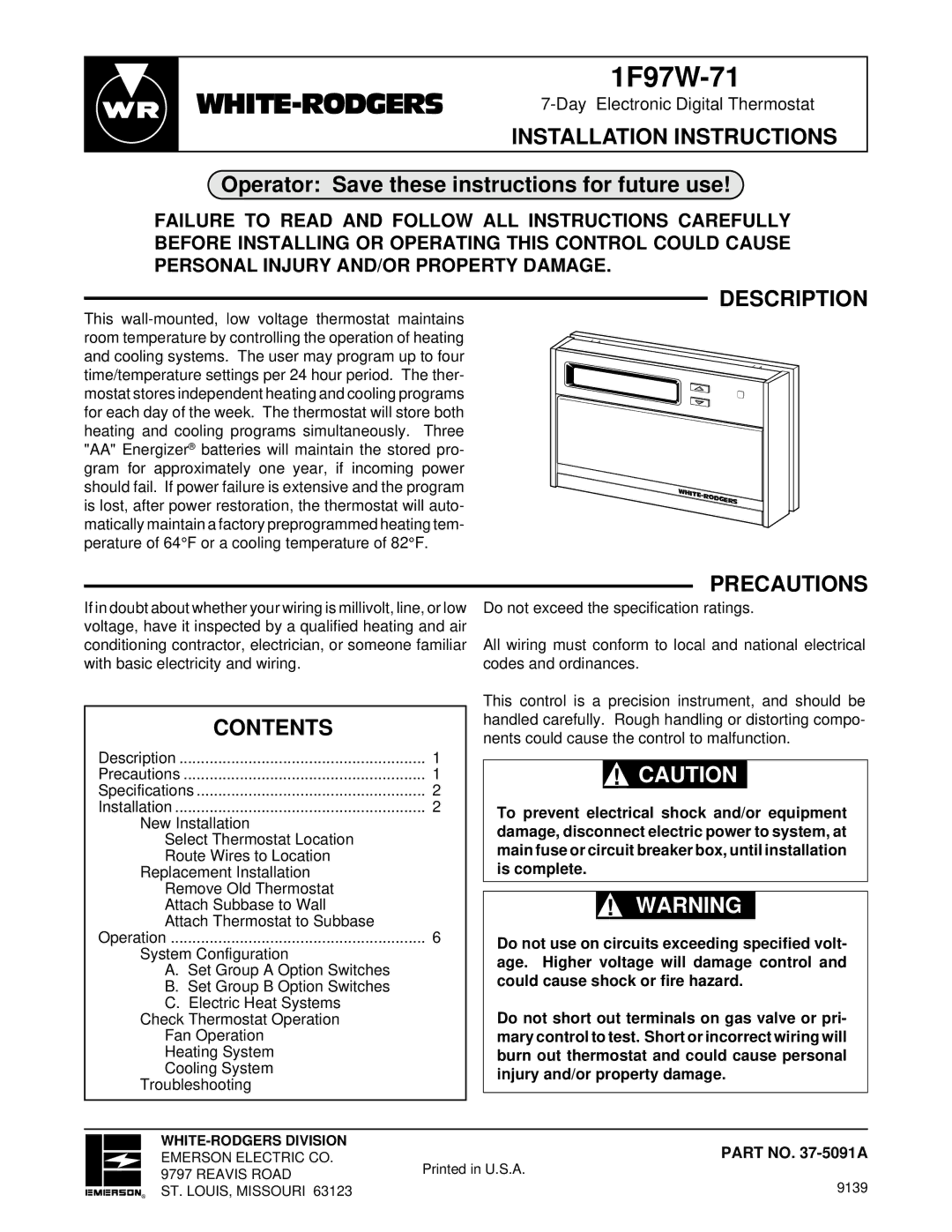 White Rodgers 1F97W-71 installation instructions Description, Precautions, Contents 