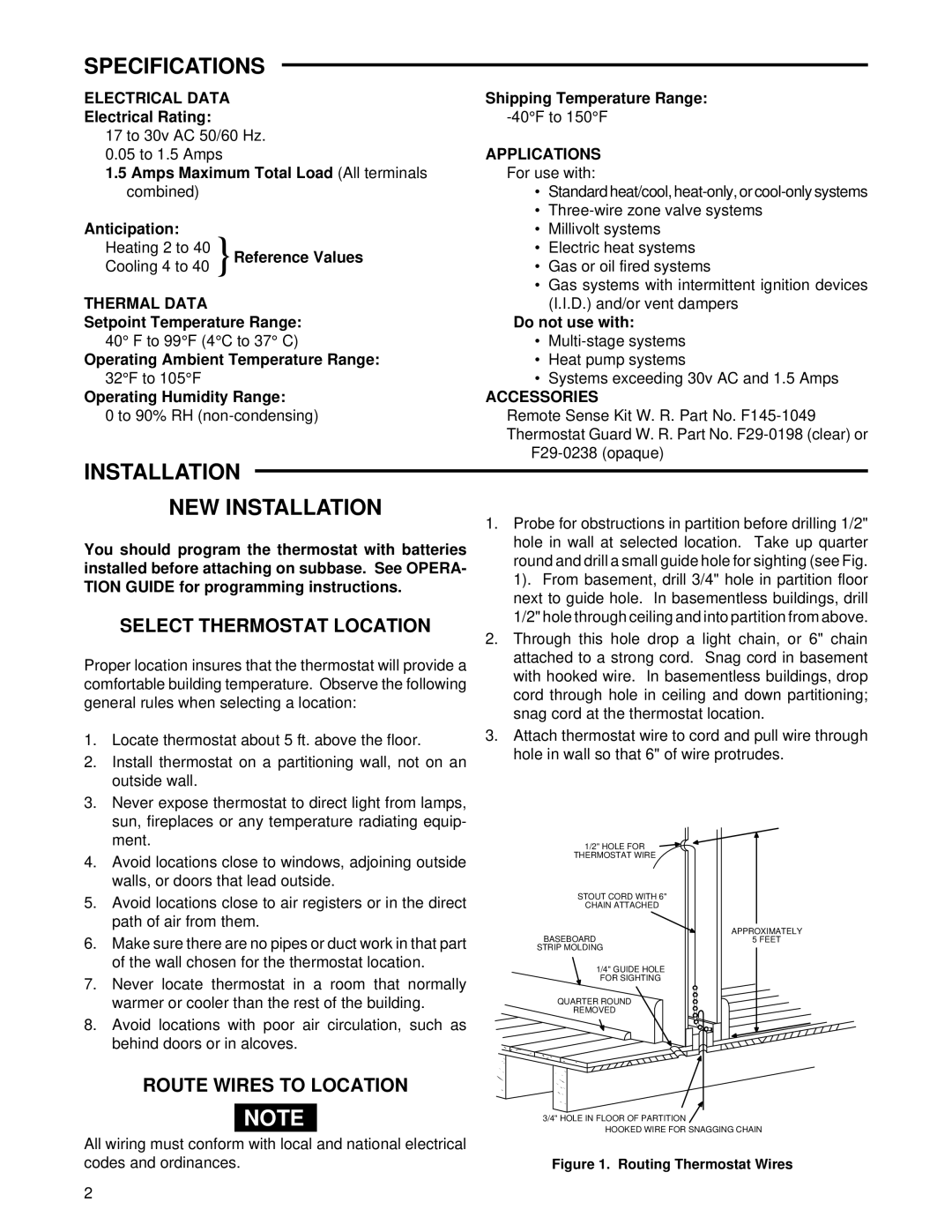 White Rodgers 1F97W-71 Specifications, Installation NEW Installation, Select Thermostat Location, Route Wires to Location 