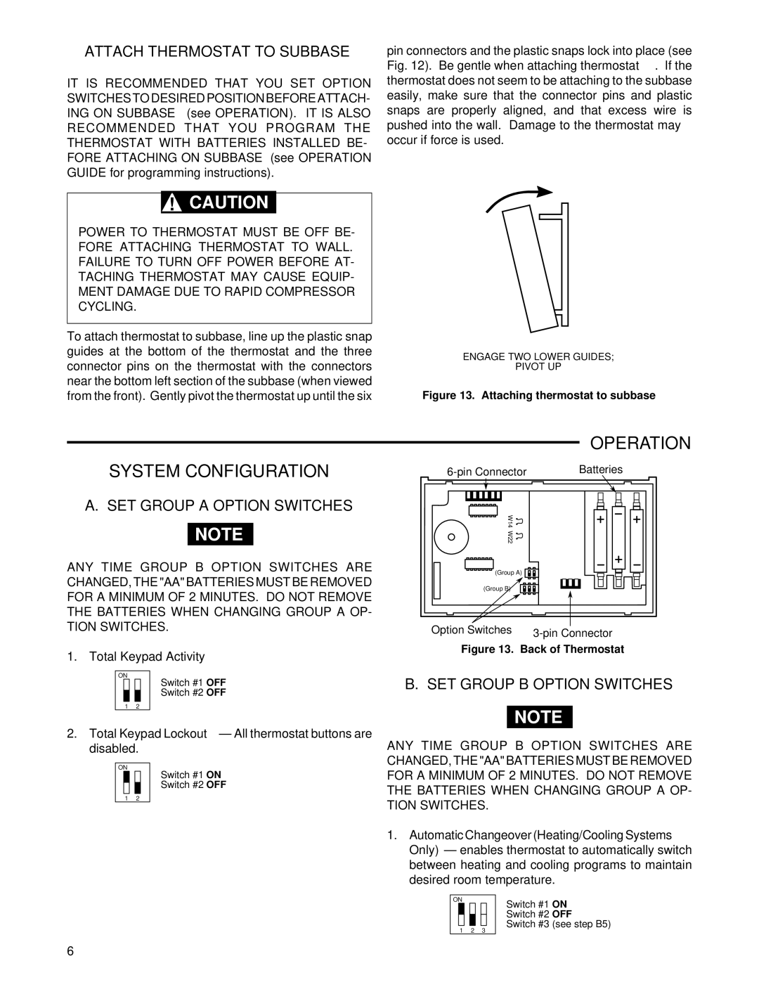 White Rodgers 1F97W-71 System Configuration, Operation, Attach Thermostat to Subbase, SET Group a Option Switches 