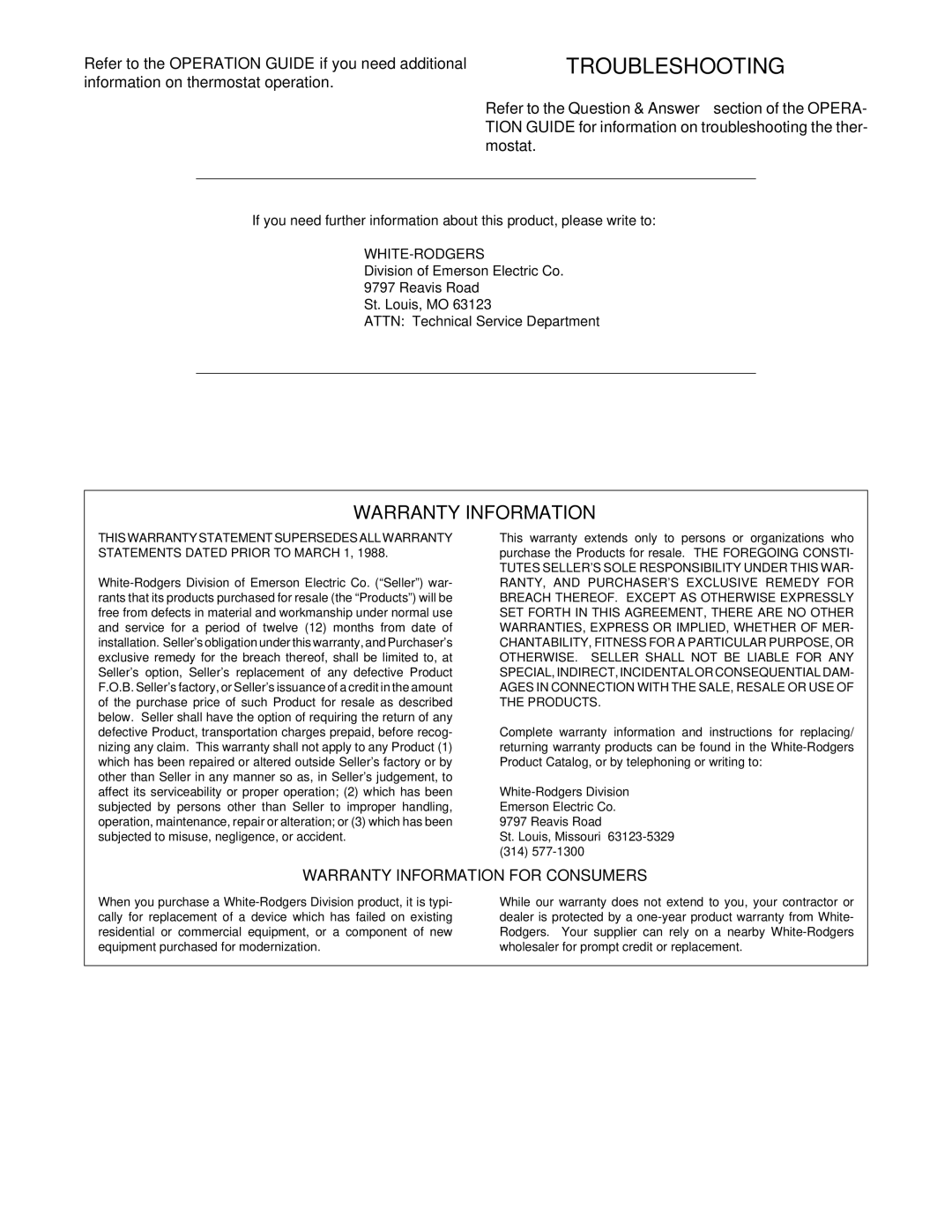 White Rodgers 1F97W-71 installation instructions Troubleshooting, Warranty Information for Consumers 