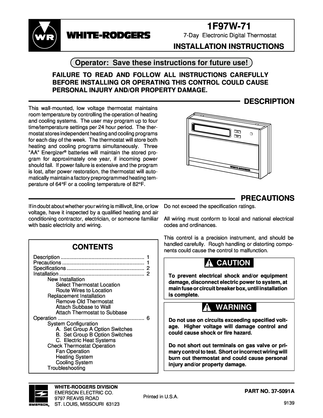 White Rodgers 1F97W-71 installation instructions Operator Save these instructions for future use, Description, Precautions 