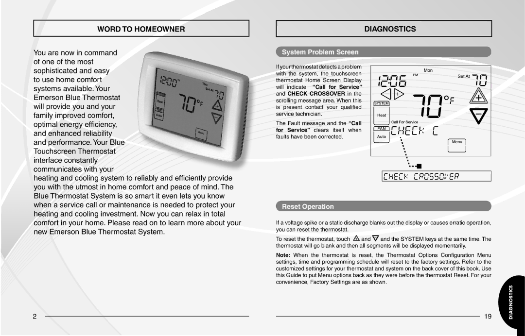 White Rodgers 1F98EZ-1421, 1F98EZ-1441 owner manual Word to Homeowner, Diagnostics, System Problem Screen, Reset Operation 