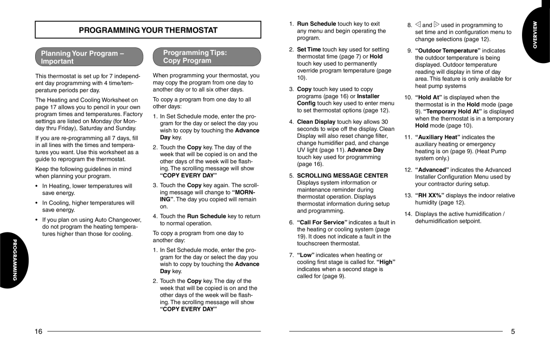 White Rodgers 1F98EZ-1441, 1F98EZ-1421 Programming Your Thermostat, Planning Your Program Programming Tips Copy Program 