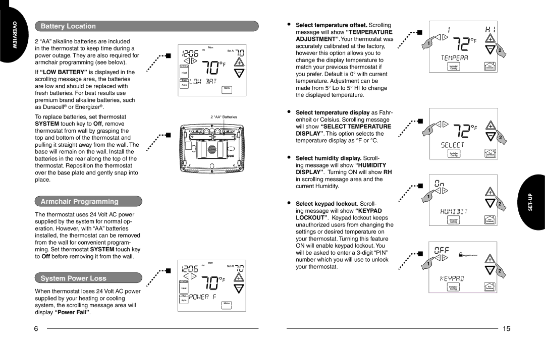 White Rodgers 1F98EZ-1421, 1F98EZ-1441 owner manual Battery Location, Armchair Programming, System Power Loss 