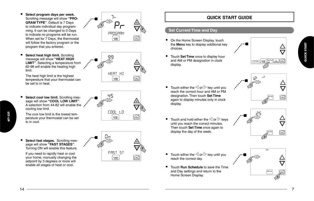 White Rodgers 1F98EZ-1441, 1F98EZ-1421 owner manual Quick Start Guide, Set Current Time and Day 