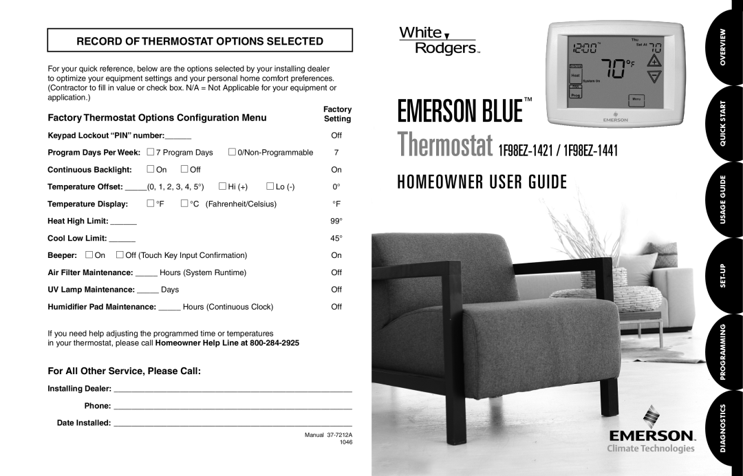 White Rodgers 1F98EZ-1441 owner manual Record Of Thermostat Options Selected, Emerson Blue, Homeowner User Guide, Factory 