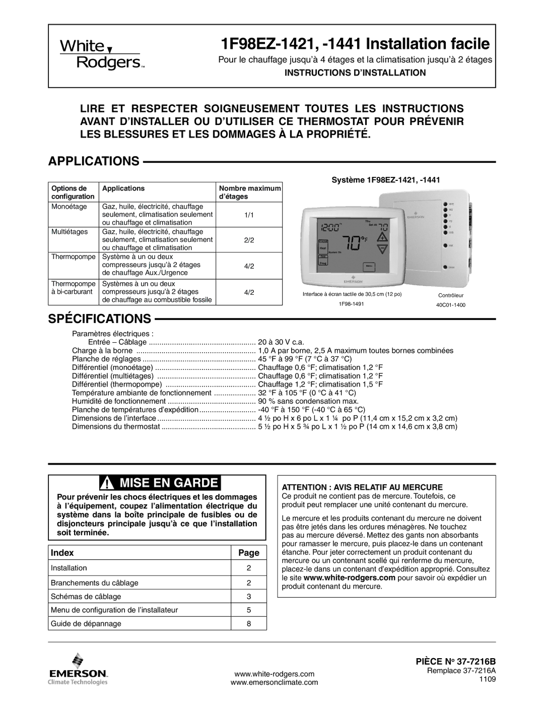 White Rodgers dimensions Applications, Spécifications, Index, Pièce No 37-7216B, Système 1F98EZ-1421 