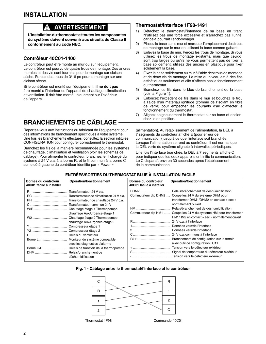 White Rodgers 1F98EZ-1421 Installation, Branchements DE Câblage, Contrôleur 40C01-1400, Thermostat/Interface 1F98-1491 