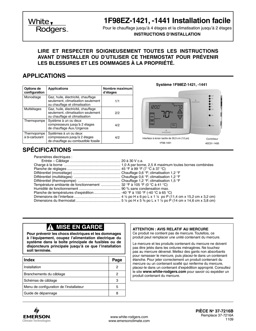 White Rodgers 1F98EZ-1421 dimensions Applications, Spécifications, Instructions D’Installation, Index, Page 