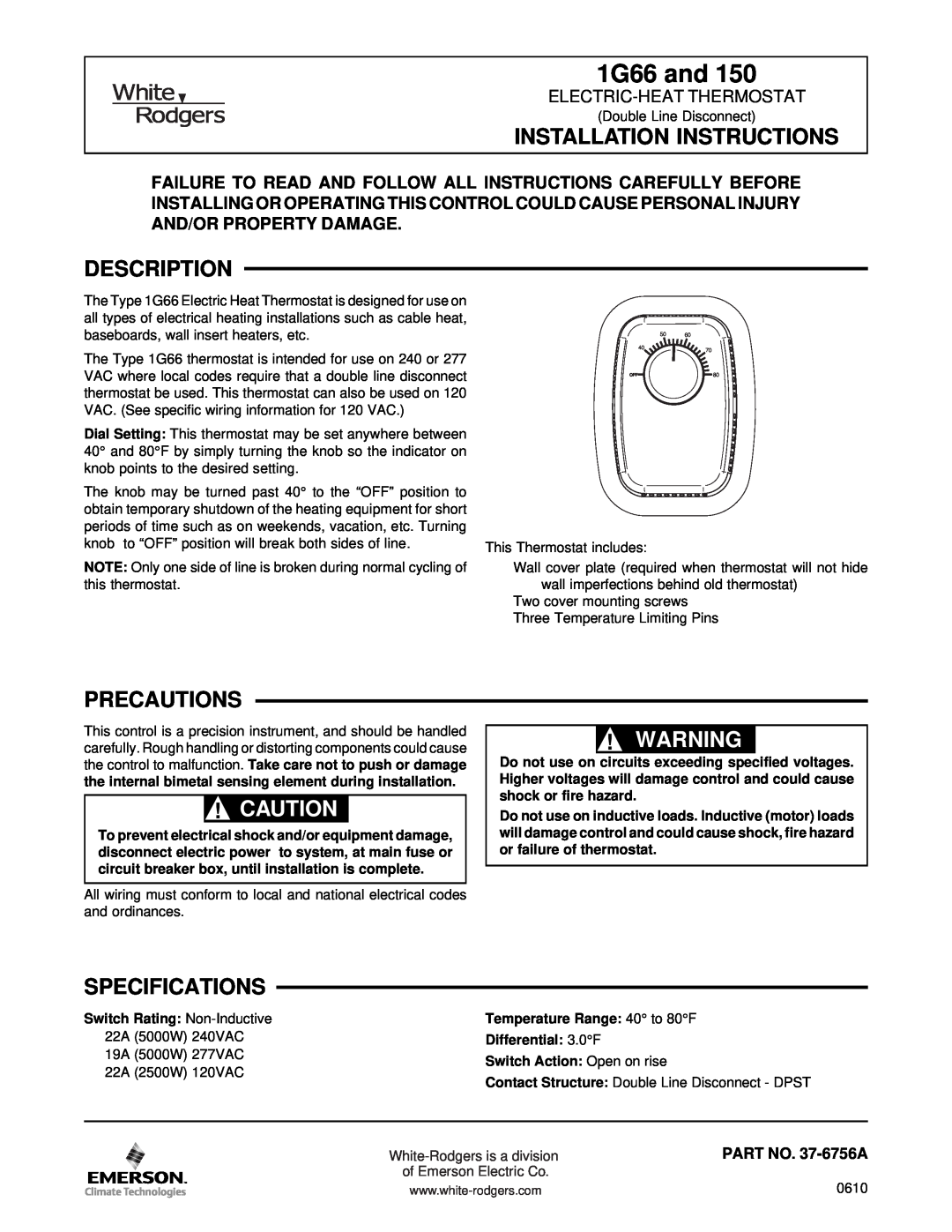 White Rodgers 150 installation instructions Installation Instructions, Description, Precautions, Specifications, 1G66 and 